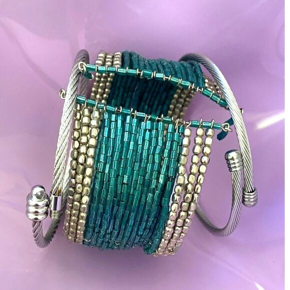 Vintage Handmade Green Tube bead bracelet and Cable bracelets - SET of 3 - Picture 2 of 5